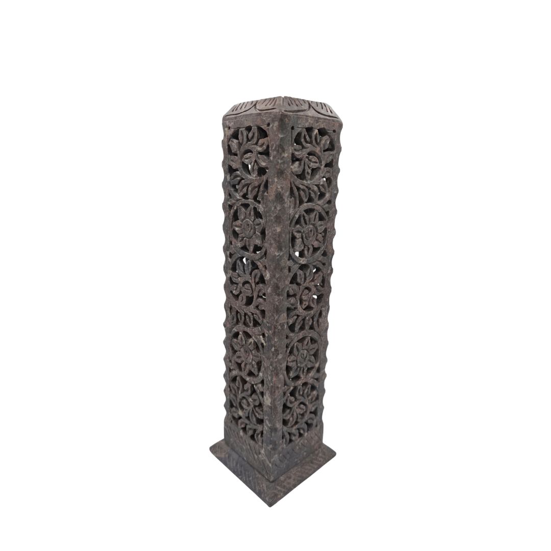 Soapstone Incense Tower Rectangular Prism Flowers 27.5cm x 7.5cm