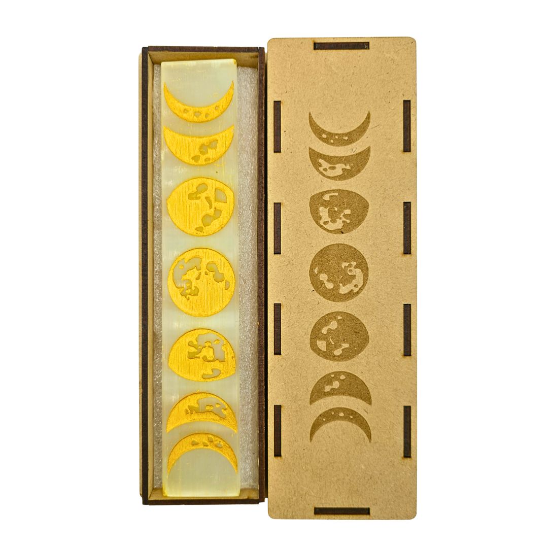 Selenite Boxed Rectangle Plate Satellite Moon Phases (Gold)