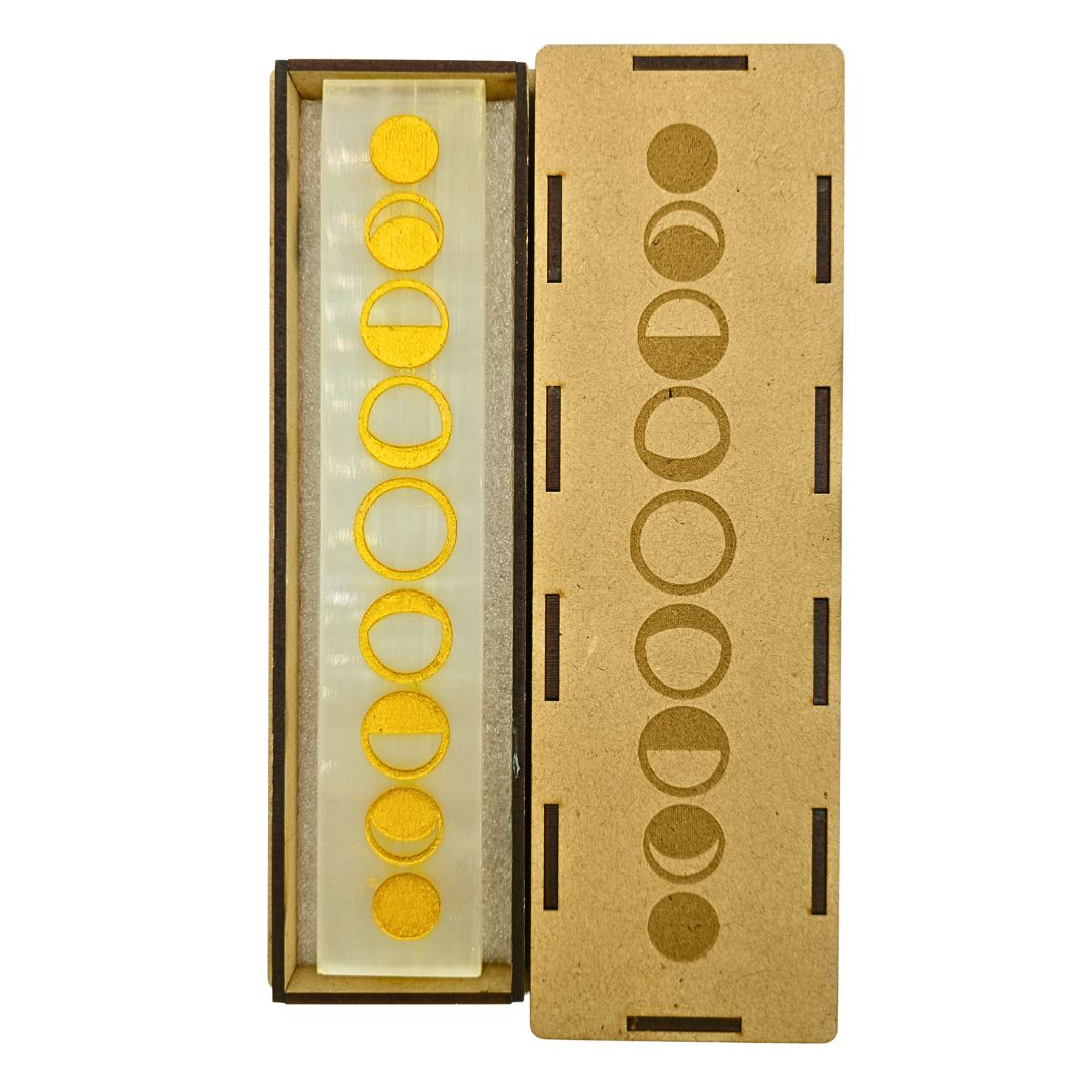 Selenite Boxed Rectangle Plate Moon Phases (Gold)