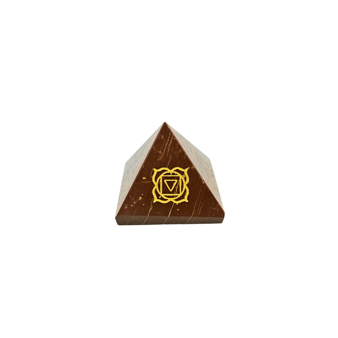 Red Jasper Pyramid with Gold Root Chakra Engraving (120g)