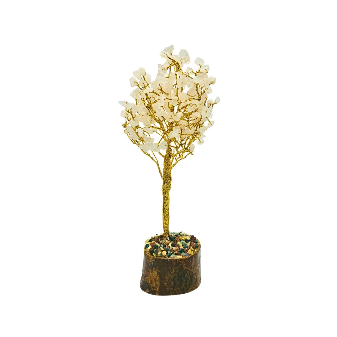 Rose Quartz Tree on Gold Wire with Wooden Mix Chip Base (20cm)