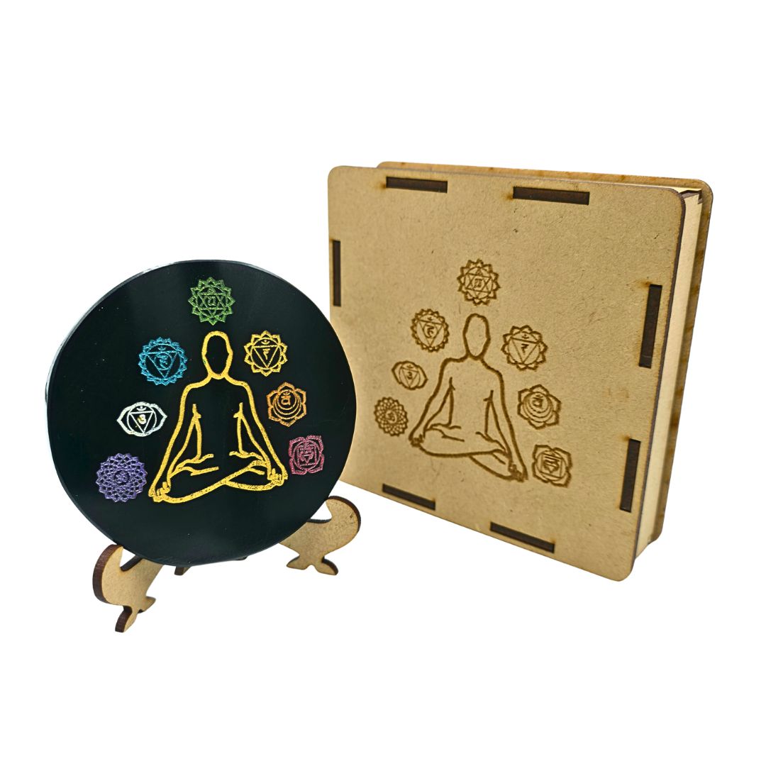Tourmaline Boxed Round Plate 7 Chakra Symbols Meditation (Chakra Colours)