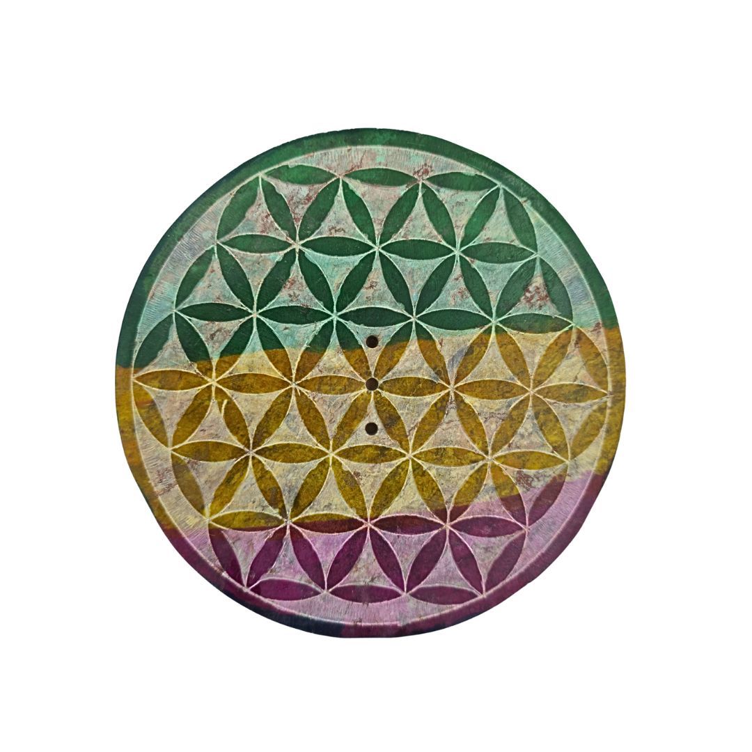 Soapstone Round Incense Holder - Flower of Life 3 Colour Bands (10cm)