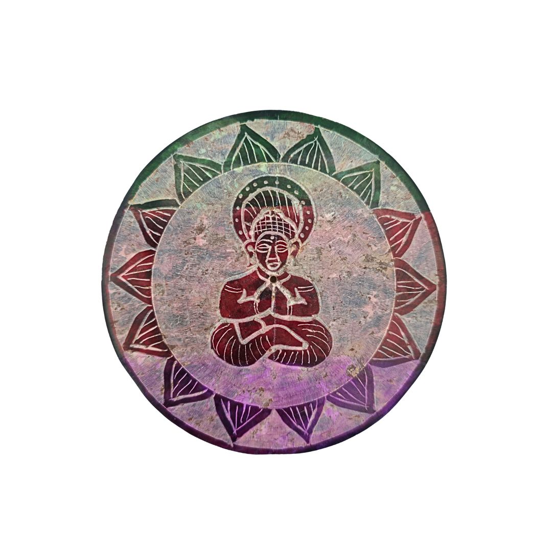 Soapstone Round Incense Holder - Buddha 3 Colour Bands (10cm)