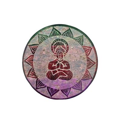 Soapstone Round Incense Holder - Buddha 3 Colour Bands (10cm)