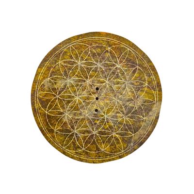Soapstone Round Incense Holder - Flower of Life Yellow (10cm)