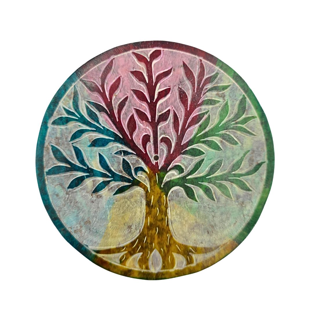 Soapstone Round Incense Holder - Tree of Life 4 Colour Slices (10cm)