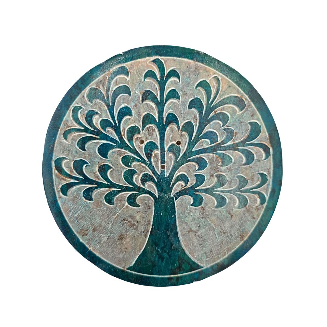 Soapstone Round Incense Holder - Tree of Life Sea Green (10cm)