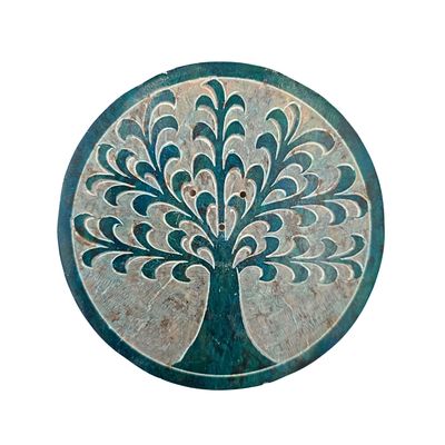 Soapstone Round Incense Holder - Tree of Life Sea Green (10cm)