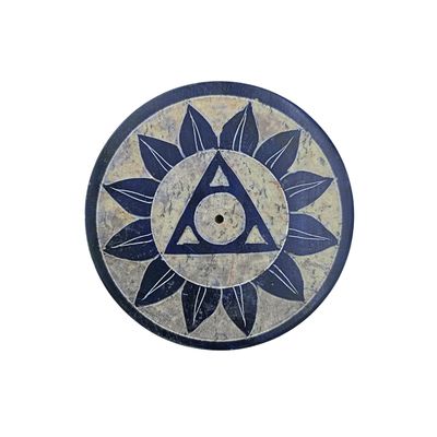 Soapstone Round Incense Holder - Throat Chakra Symbol Flat Top (7.5cm)