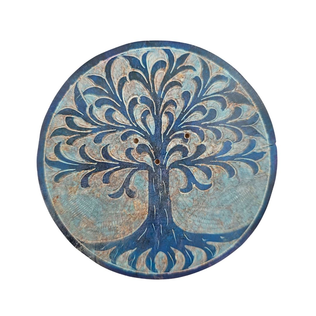 Soapstone Round Incense Holder - Tree of Life Blue (10cm)