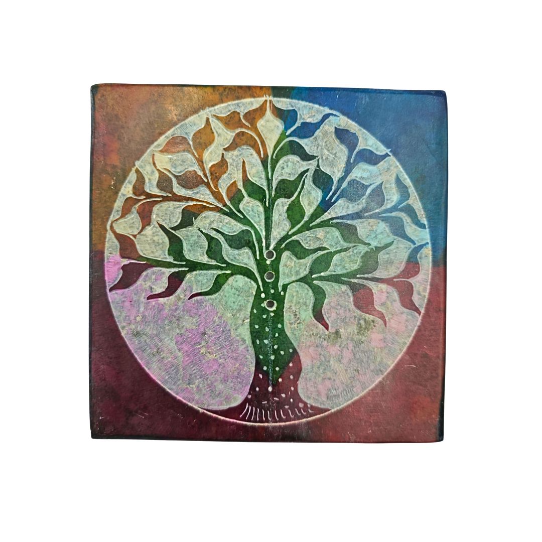 Soapstone Square Incense Holder - Tree of Life 5 Colour on Purple (10cm)