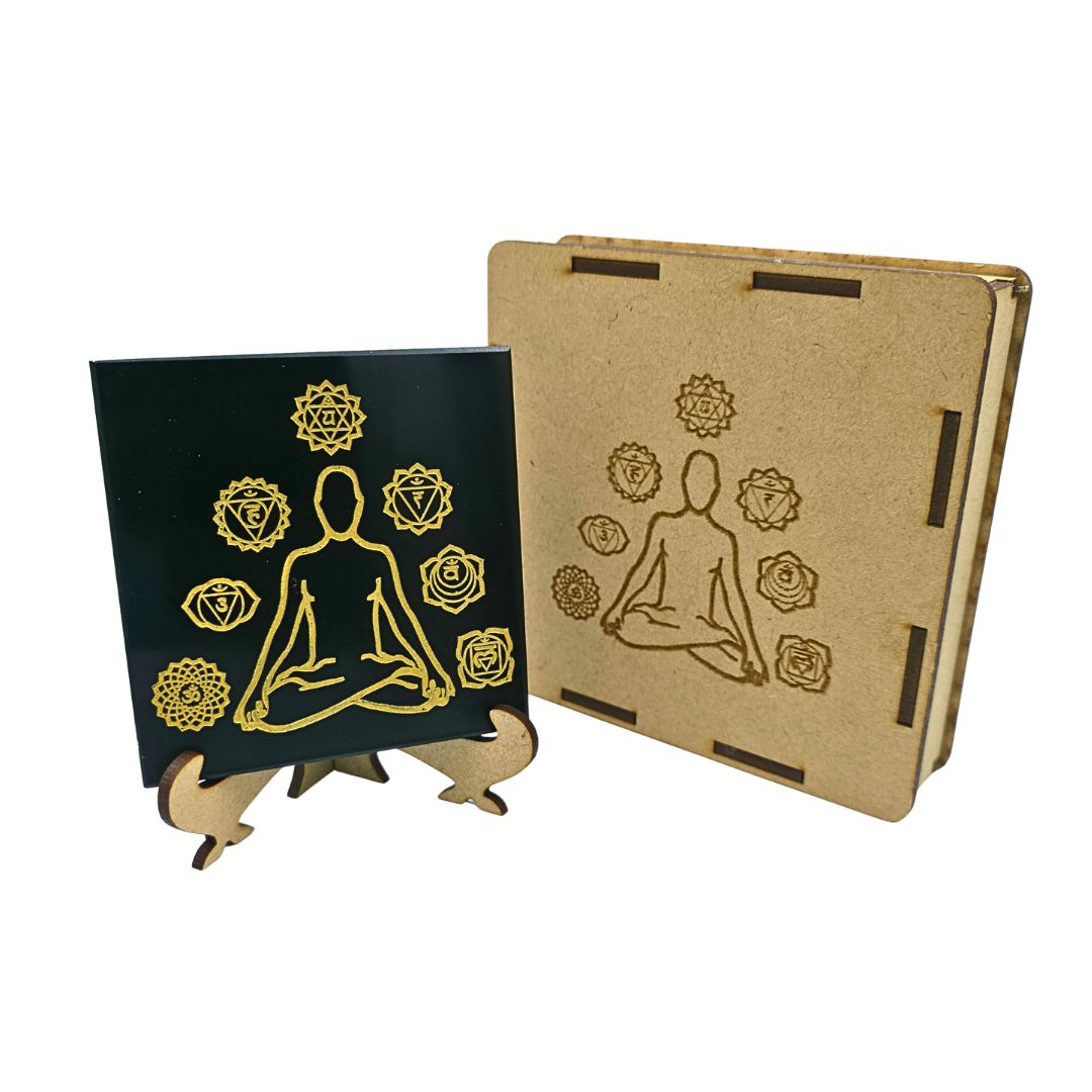 Tourmaline Boxed Square Plate 7 Chakra Symbols Meditation (Gold)