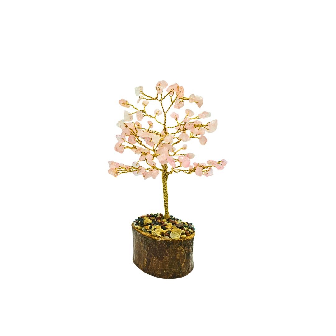 Rose Quartz Tree on Gold Wire with Wooden Mix Chip Base (15cm)