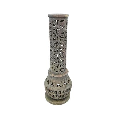 Soapstone Incense Tower Vase Cylinder Filigree Leaves 23.5cm x 7.5cm