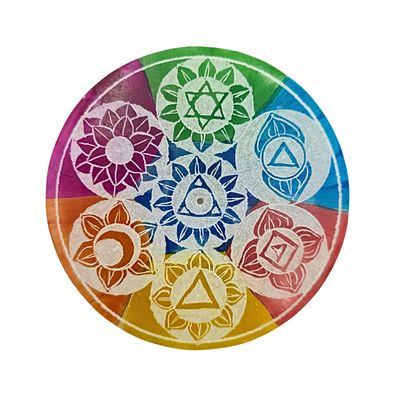 Soapstone Round Incense Holder - 7 Chakra Symbol and Colour on White (10cm)