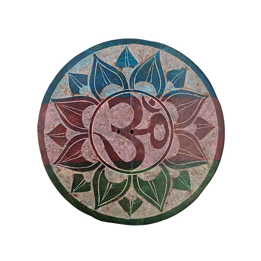 Soapstone Round Incense Holder - Aum 3 Colour Bands (10cm)