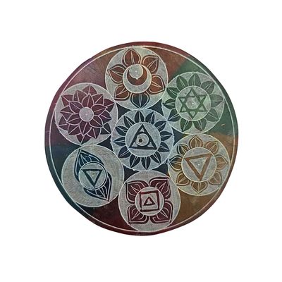Soapstone Round Incense Holder - 7 Chakra Symbol and Colour on Purple (10cm)