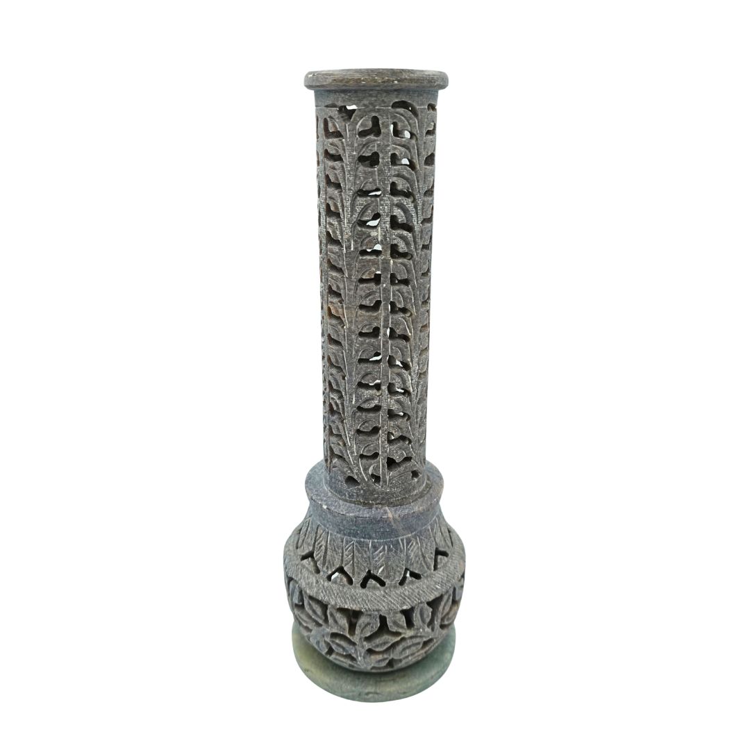 Soapstone Incense Tower Vase Cylinder Symmetrical Leaves 23.5cm x 7.5cm