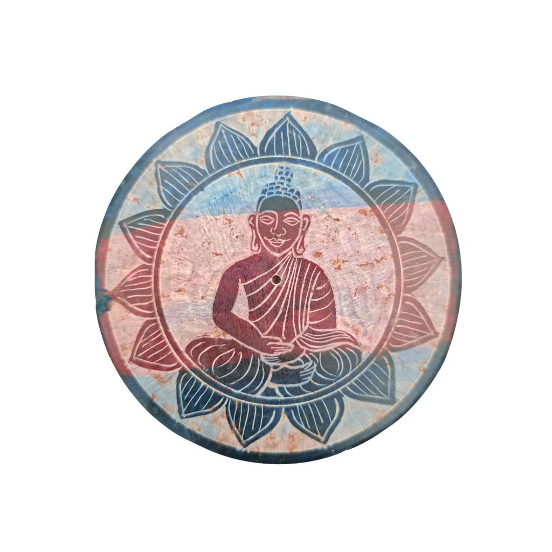 Soapstone Round Incense Holder - Buddha Blue/Red Colour Bands (10cm)