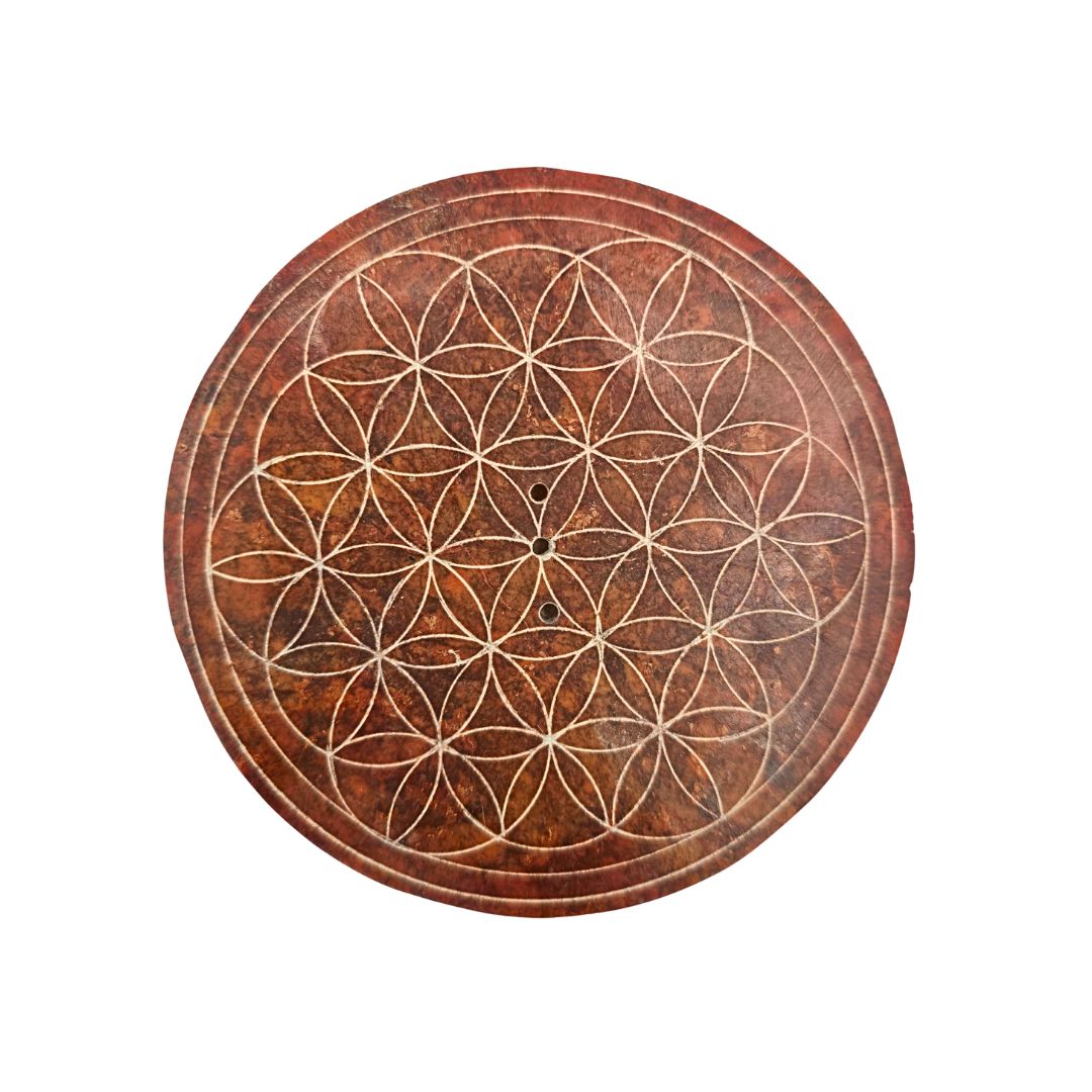 Soapstone Round Incense Holder - Flower of Life Orange (10cm)