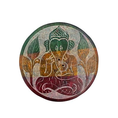 Soapstone Round Incense Holder - Ganesha in Forest 3 Colour Bands (10cm)
