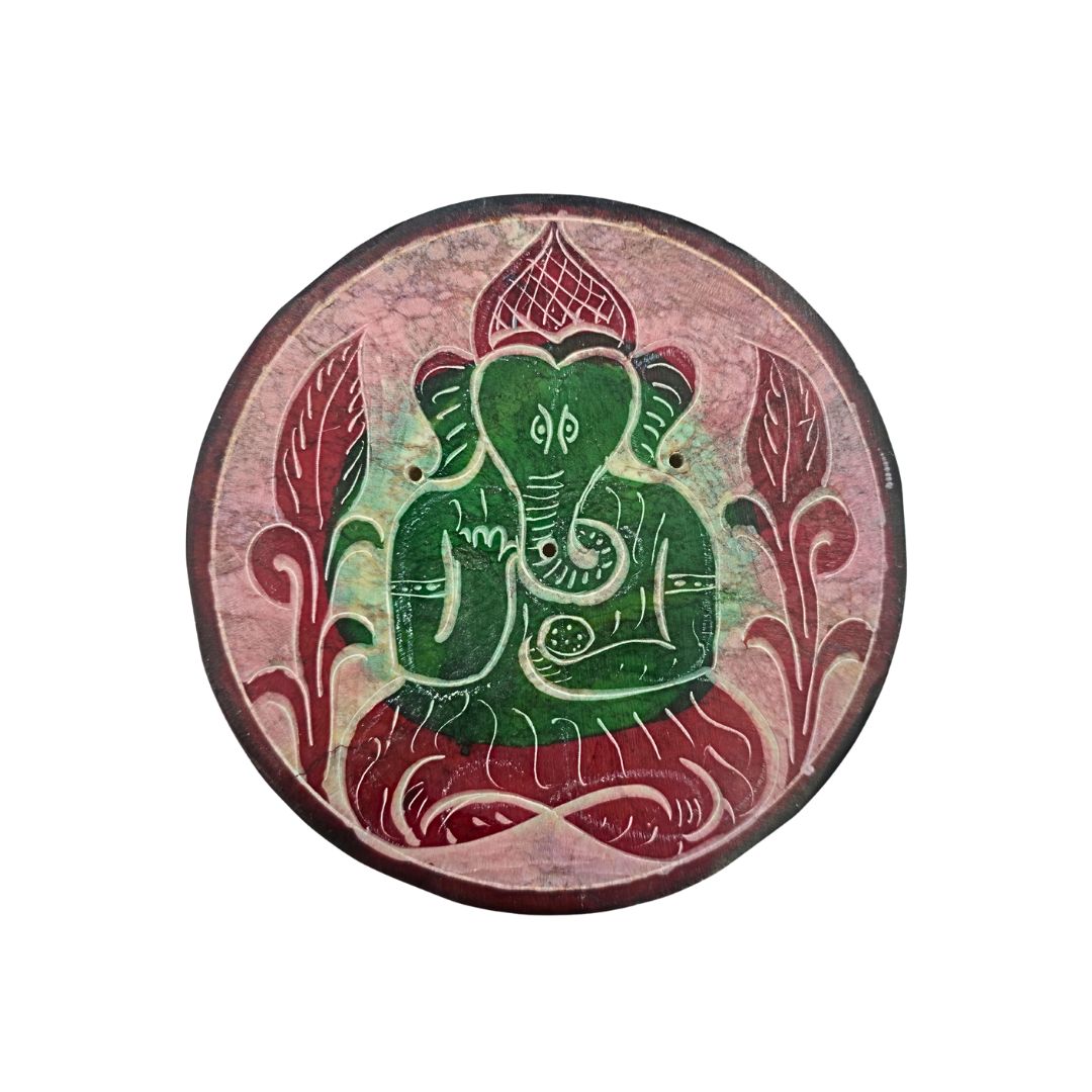 Soapstone Round Incense Holder - Ganesha in Forest Red/Green Circles (10cm)