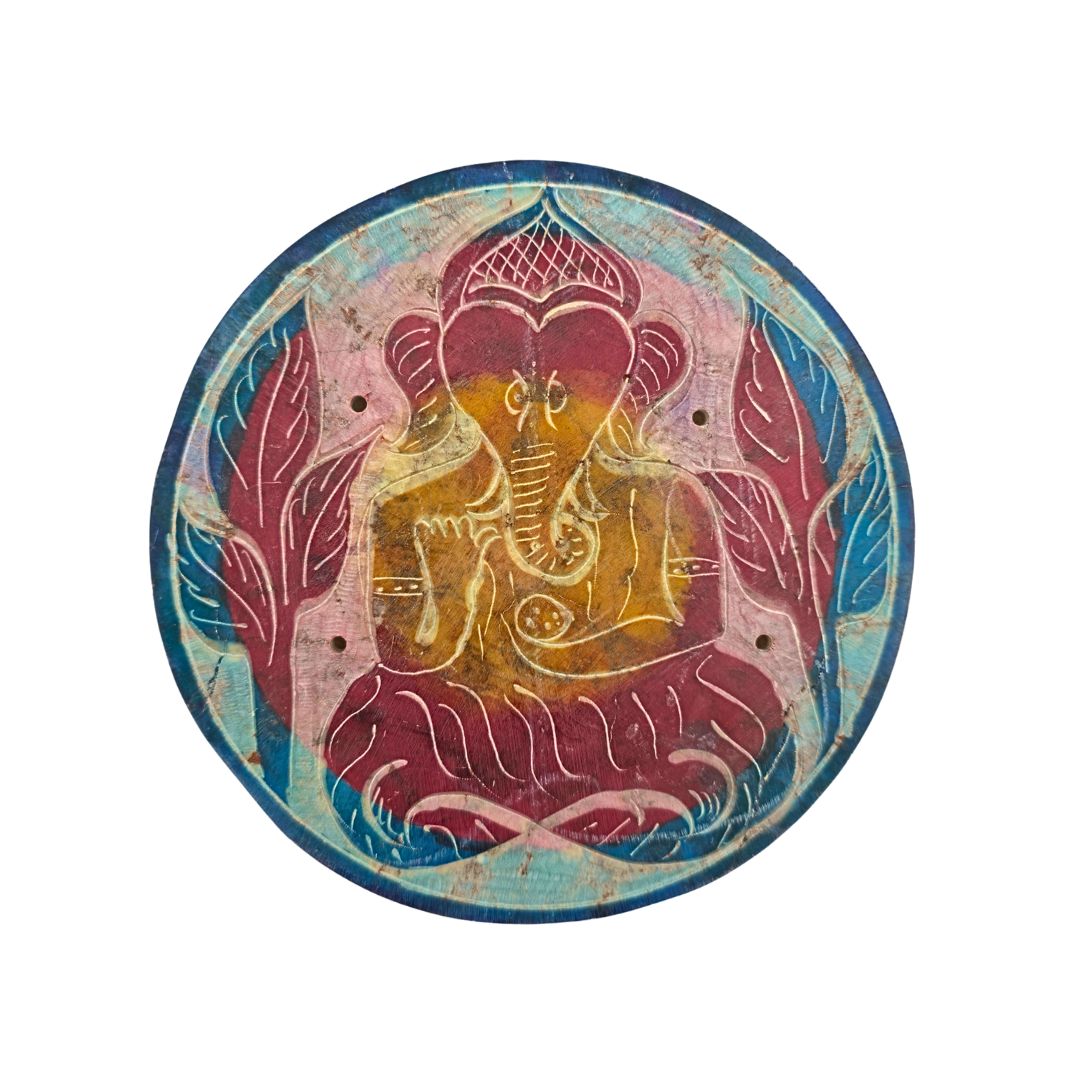 Soapstone Round Incense Holder - Ganesha in Forest 3 Colour Circles (10cm)