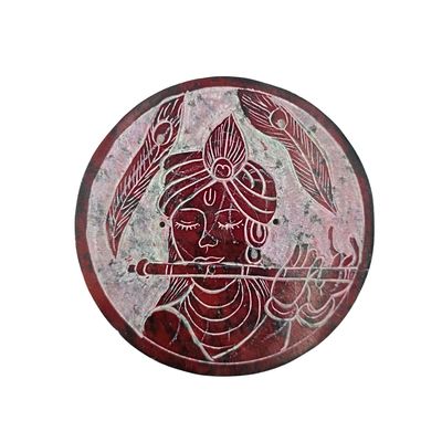 Soapstone Round Incense Holder - Krishna playing Flute Red (10cm)