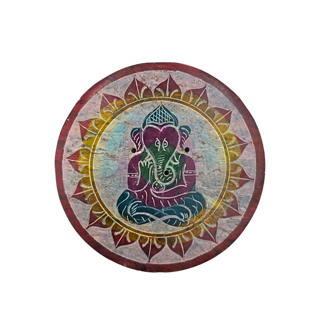 Soapstone Round Incense Holder - Ganesha in Lotus Petals 5 Colour Circles (10cm)