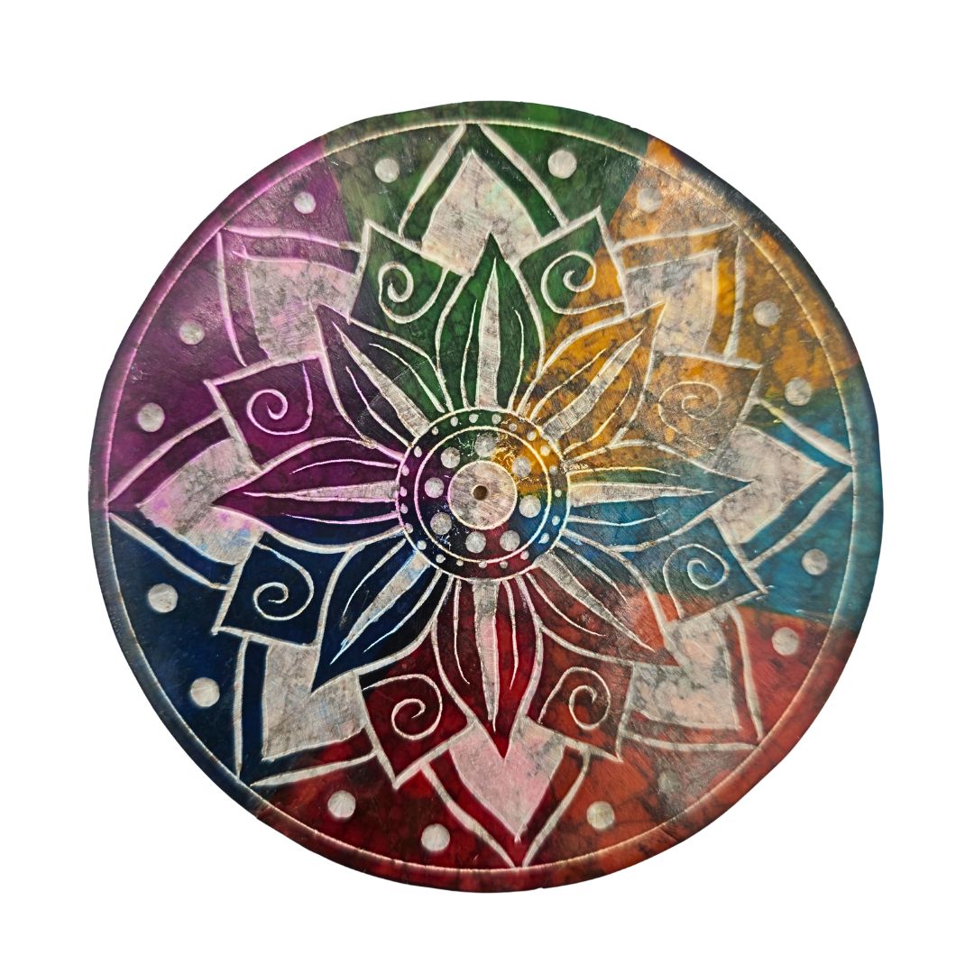 Soapstone Round Incense Holder - Lotus Dotted Edge 7 Colour Slices (10cm)
