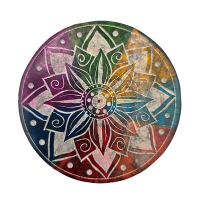 Soapstone Round Incense Holder - Lotus Dotted Edge 7 Colour Slices (10cm)