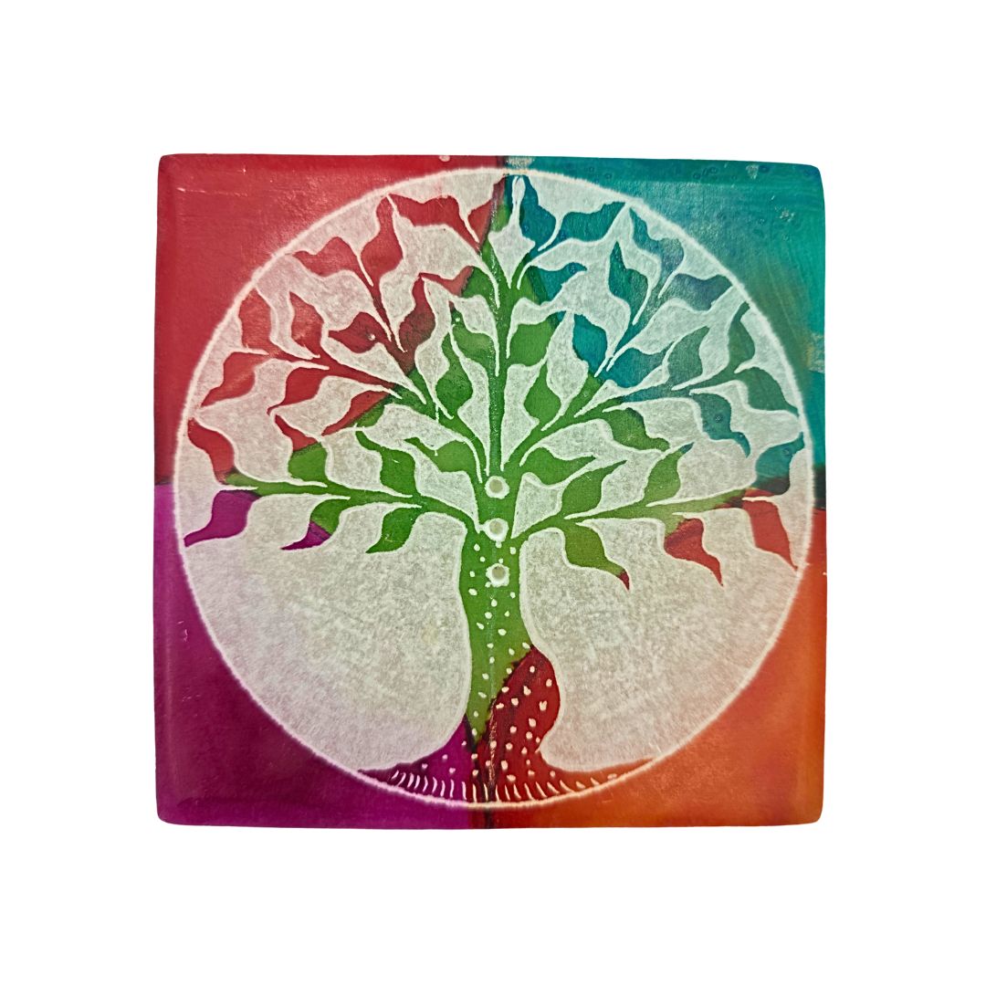Soapstone Square Incense Holder - Tree of Life 5 Colour on White (10cm)