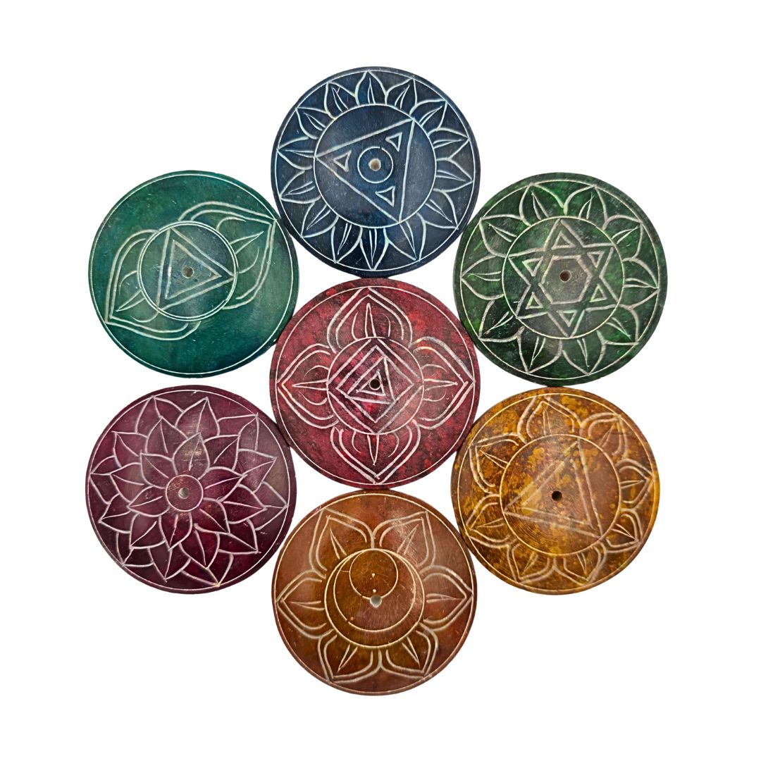 Soapstone Round Incense Holder Set - 7 Chakra Colour with Symbol Curve Top (5cm)