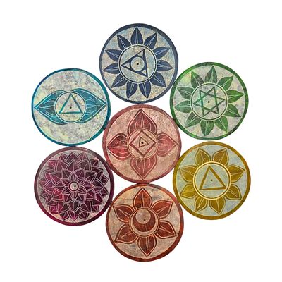Soapstone Round Incense Holder Set - 7 Chakra Colour with Symbol (7.5cm)