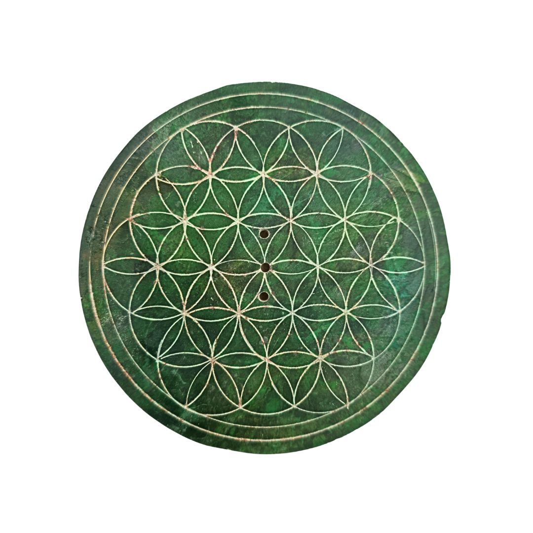 Soapstone Round Incense Holder - Flower of Life Green (10cm)