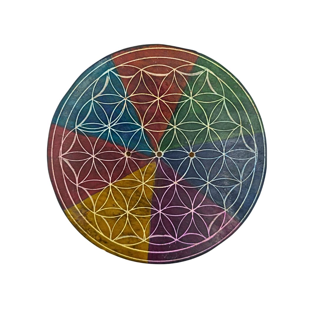 Soapstone Round Incense Holder - Flower of Life 7 Colour Slices (10cm)