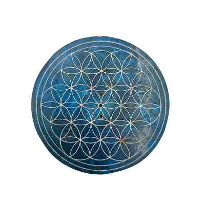 Soapstone Round Incense Holder - Flower of Life Blue (10cm)