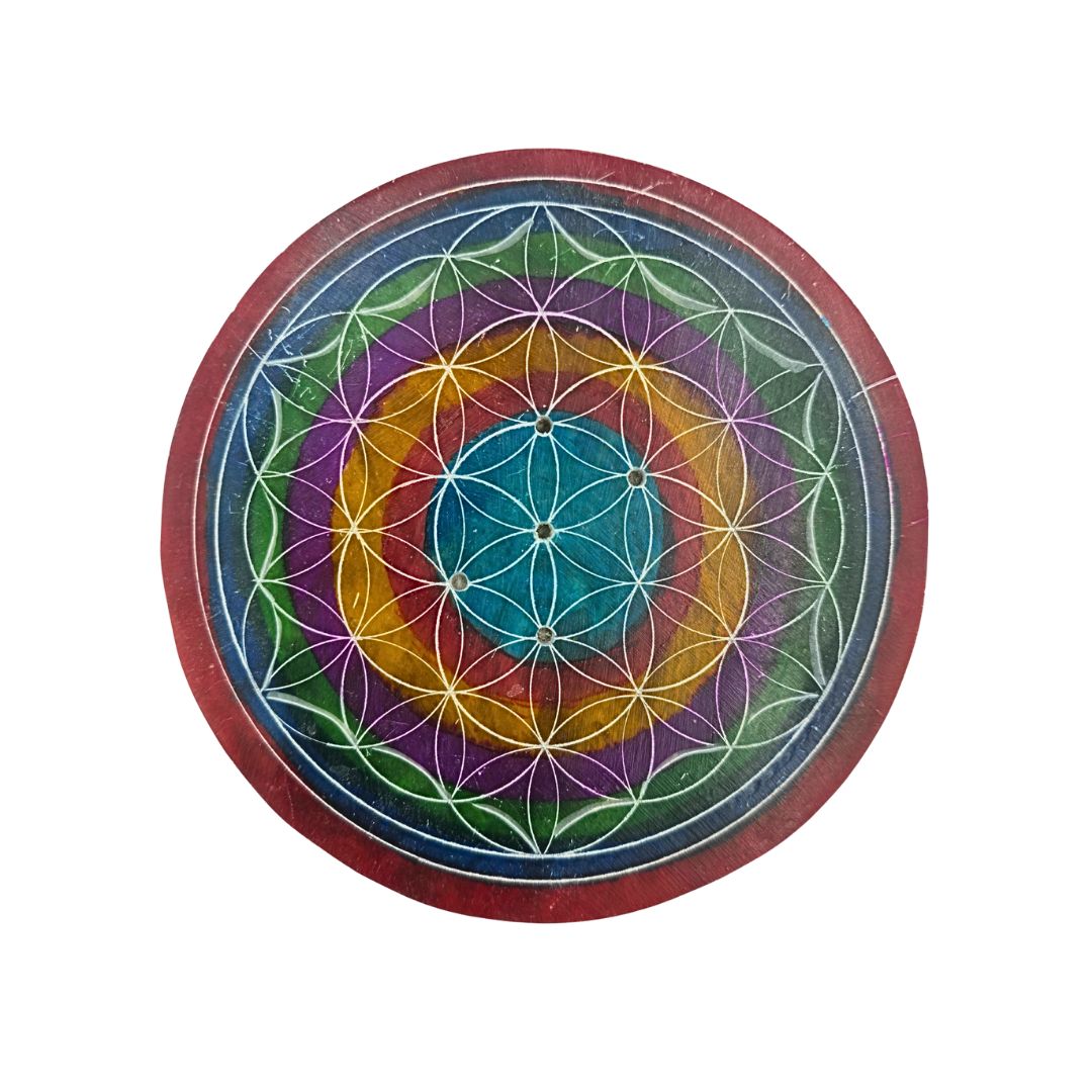 Soapstone Round Incense Holder - Flower of Life 7 Colour Circles  (10cm)