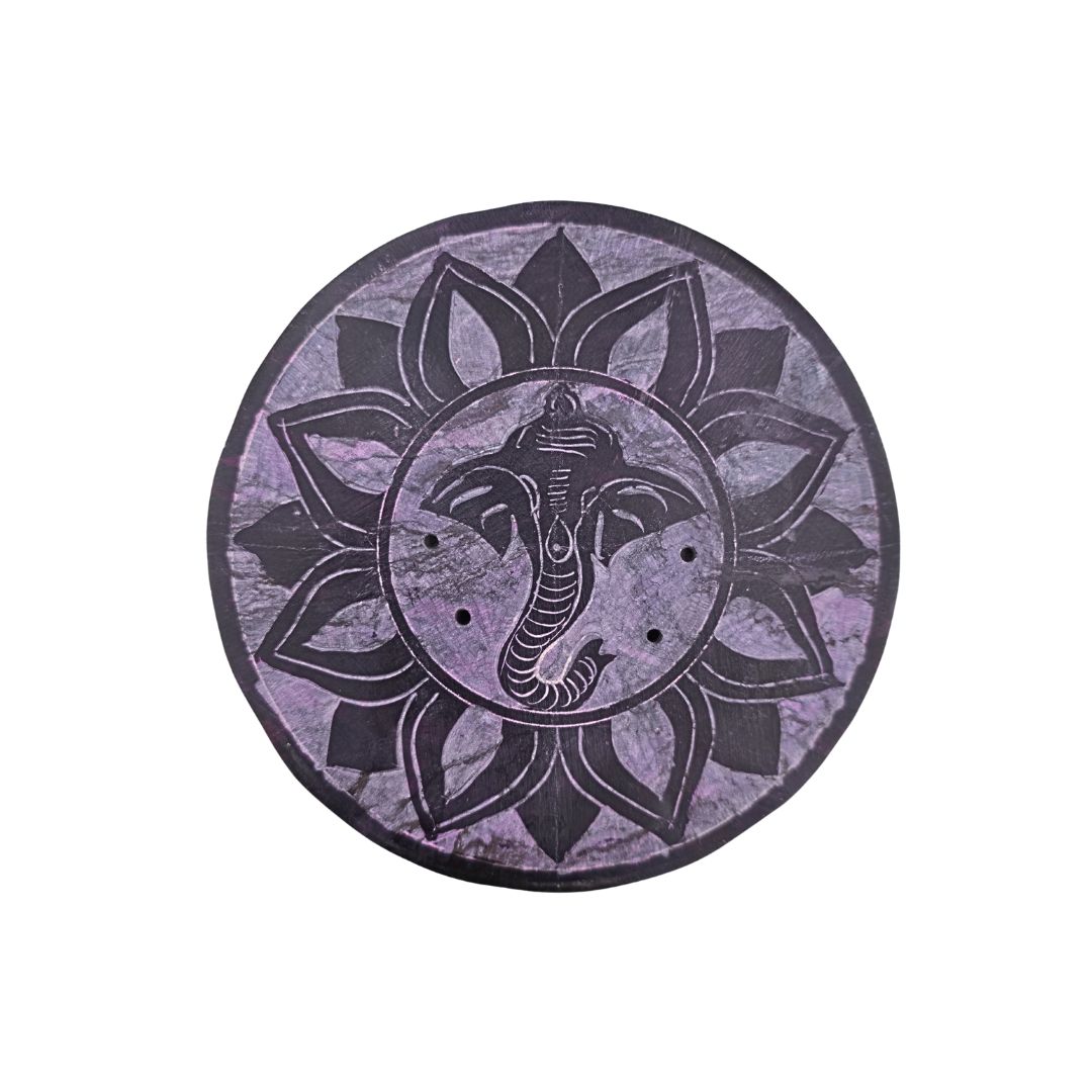 Soapstone Round Incense Holder - Ganesha Deep Purple (10cm)