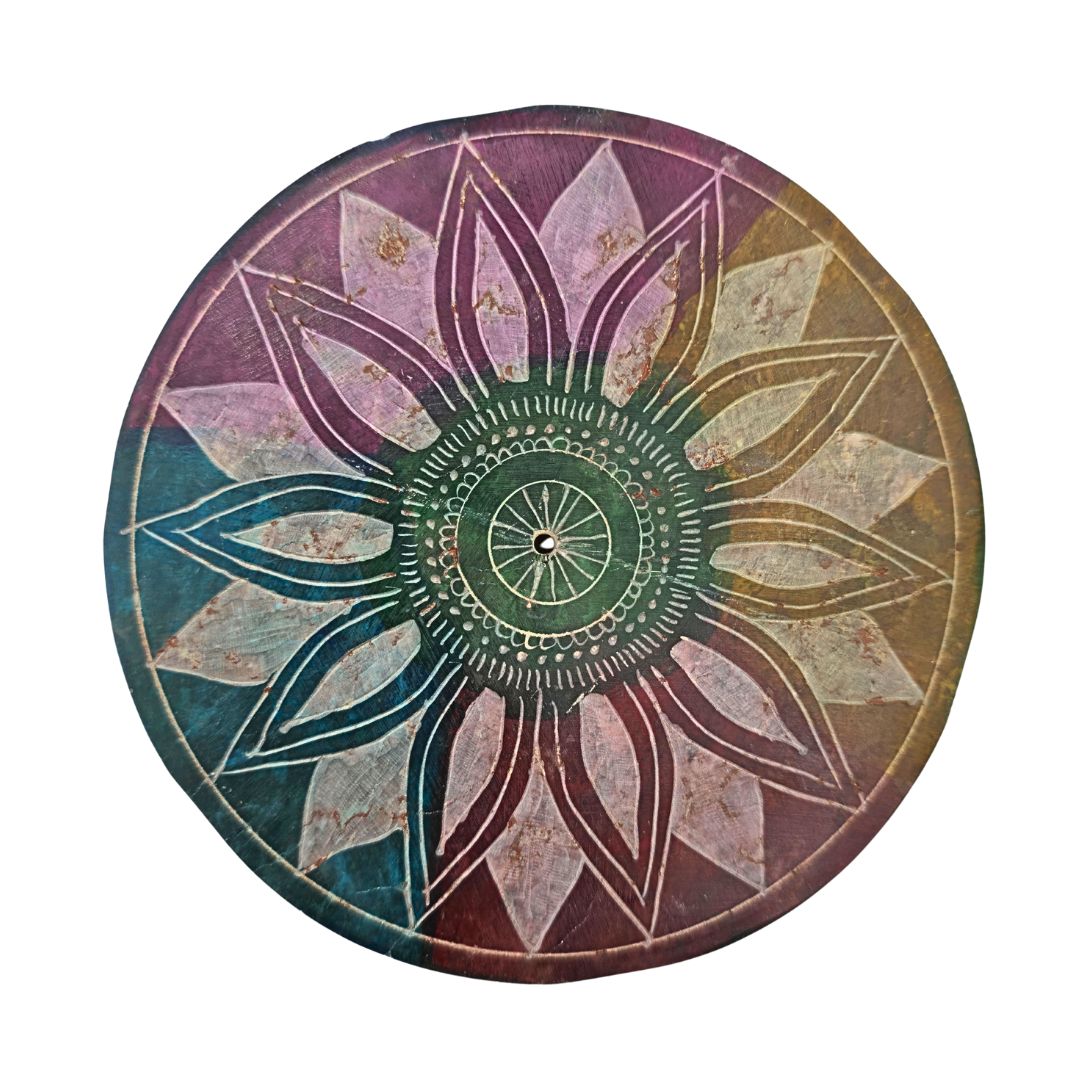 Soapstone Round Incense Holder - Lotus 5 Colour Blotches (10cm)