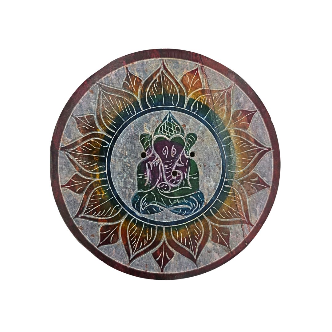 Soapstone Round Incense Holder - Ganesha in Lotus Flower 7 Colour Circles (10cm)