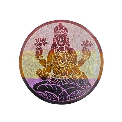 Soapstone Round Incense Holder - Lakshmi 3 Colour Bands (10cm)