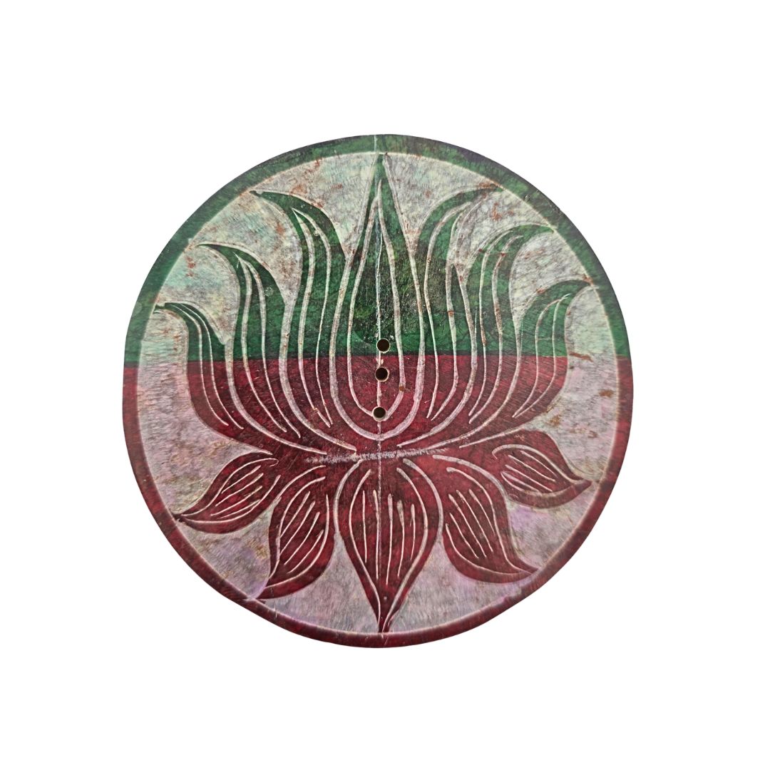 Soapstone Round Incense Holder - Lotus Red/Green Bands (10cm)