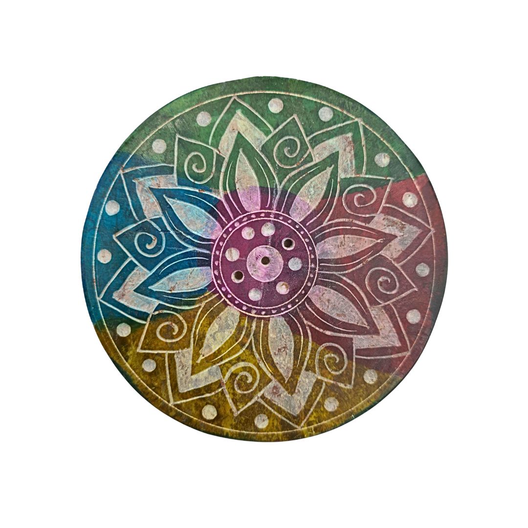 Soapstone Round Incense Holder - Lotus Dotted Edge 5 Colour Blotches (10cm)