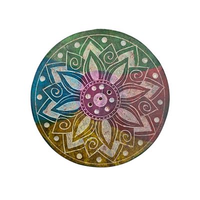 Soapstone Round Incense Holder - Lotus Dotted Edge 5 Colour Blotches (10cm)