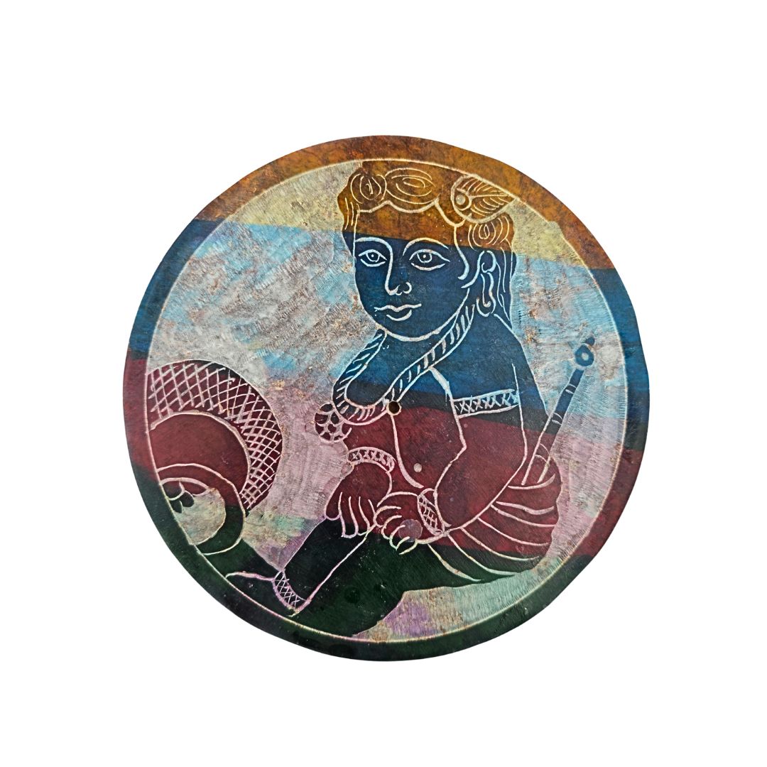 Soapstone Round Incense Holder - Young Krishna 4 Colour Bands (10cm)