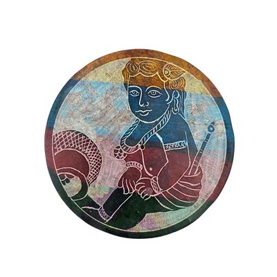Soapstone Round Incense Holder - Young Krishna 4 Colour Bands (10cm)
