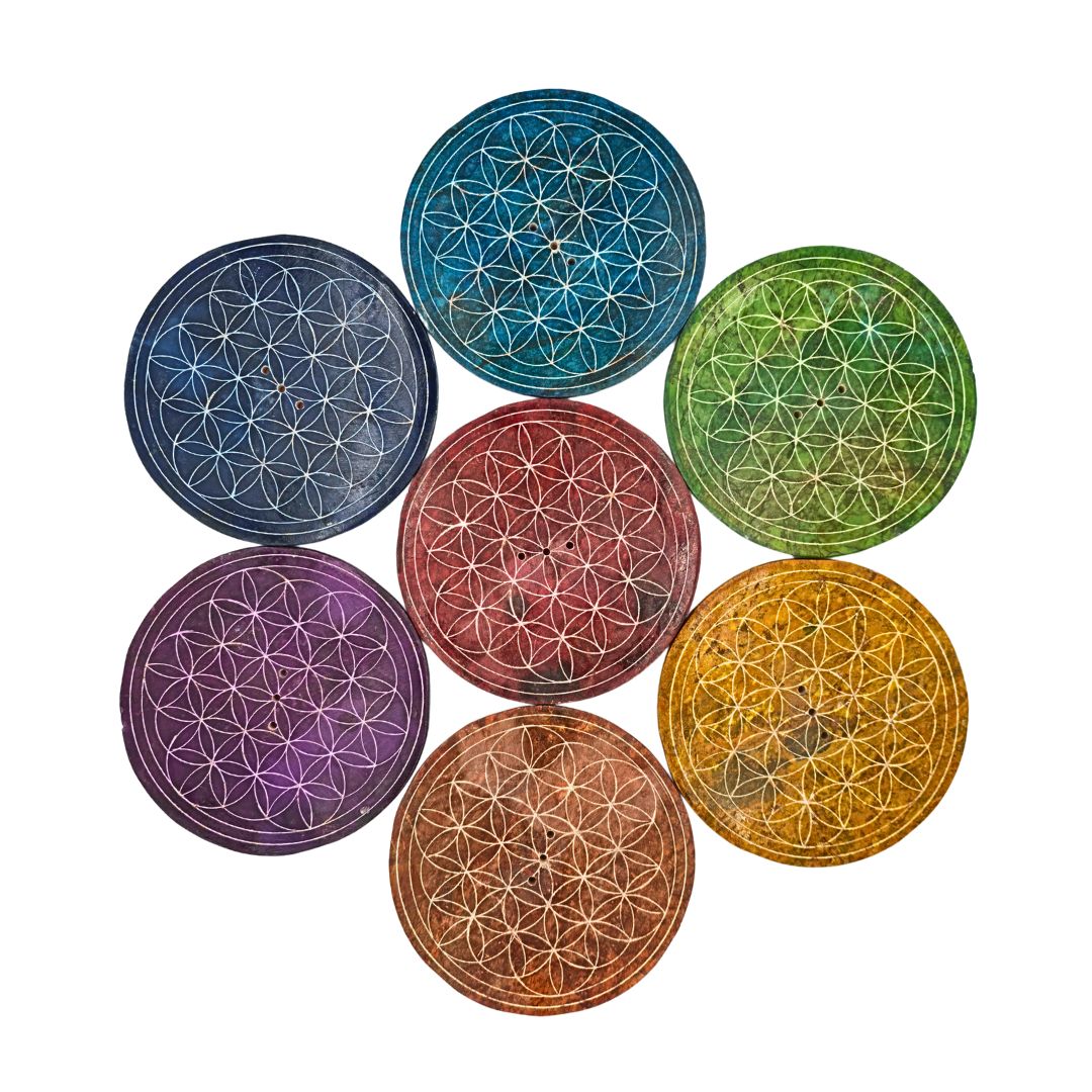 Soapstone Round Incense Holder Set - 7 Chakra Colour with Flower of Life (10cm)