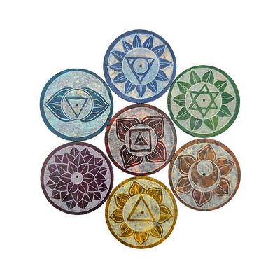 Soapstone Round Incense Holder Set - 7 Chakra Colour with Symbol Flat Top (5cm)